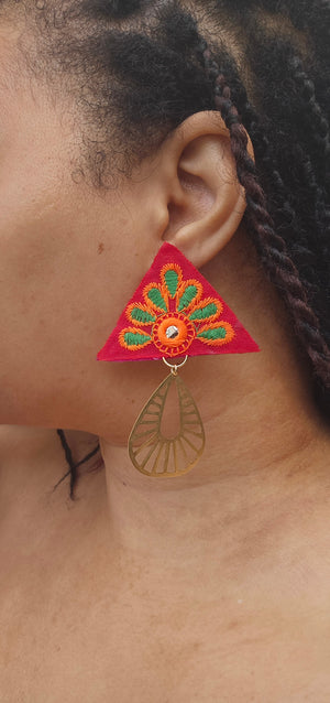 Embroidered Triangle Brass Chandelier Stud Earrings