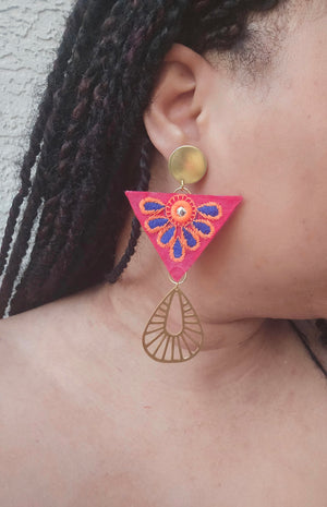 Brass Stud Embroidered Inverted Triangle Earrings