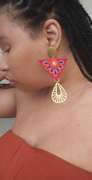 Brass Stud Embroidered Inverted Triangle Earrings