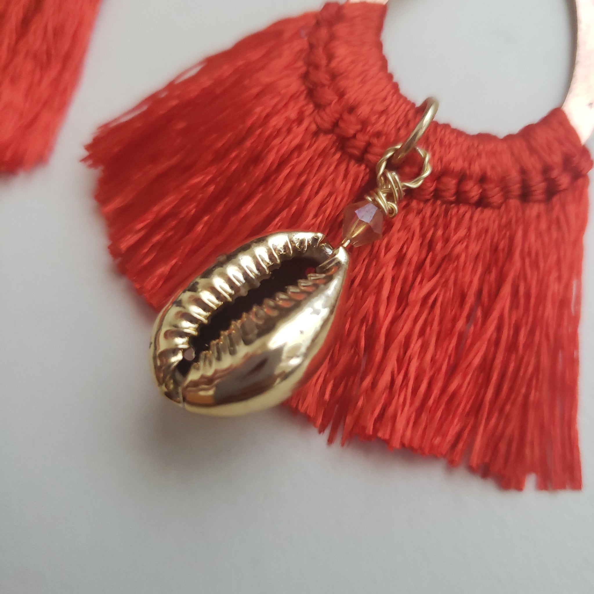 Golden Cowrie Shell Deep Orange Tassel Earrings