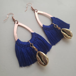 Golden Cowrie Shell Blue Tassel Earrings