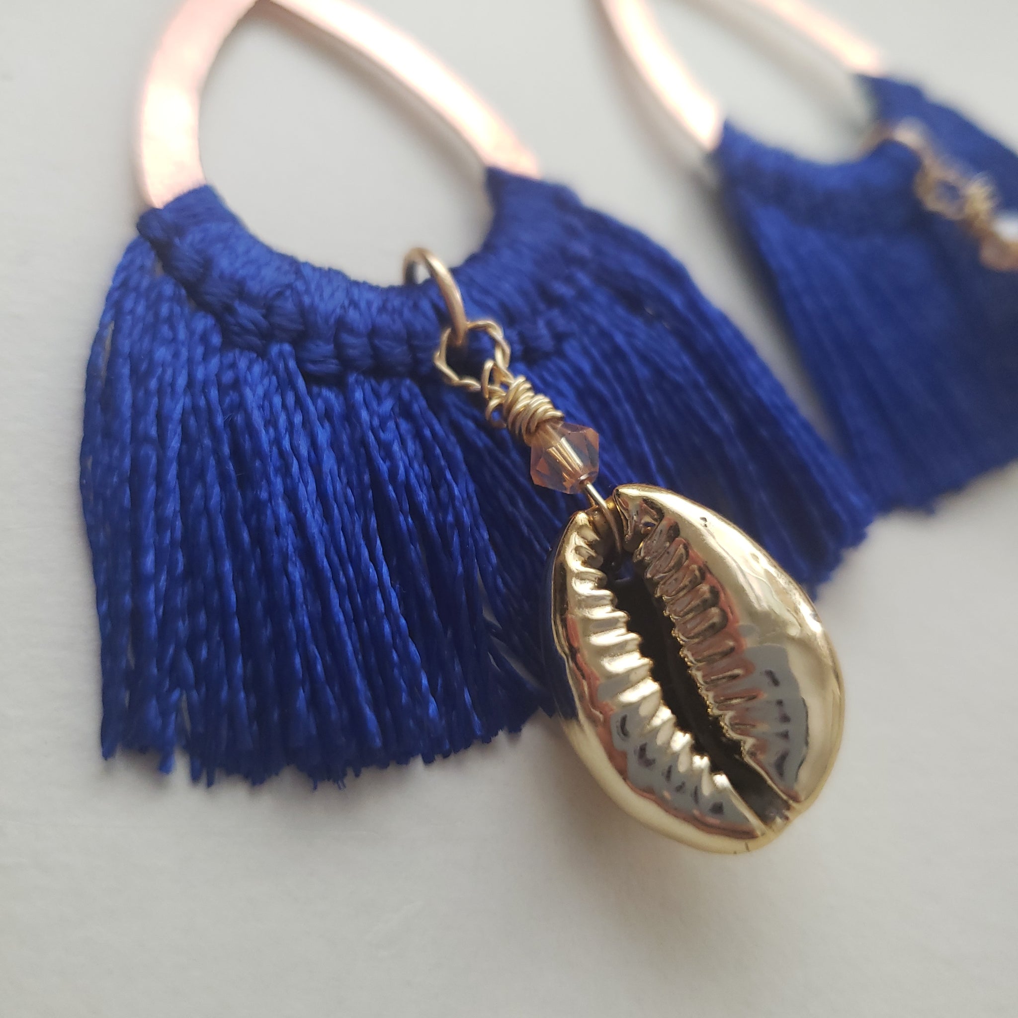 Golden Cowrie Shell Blue Tassel Earrings