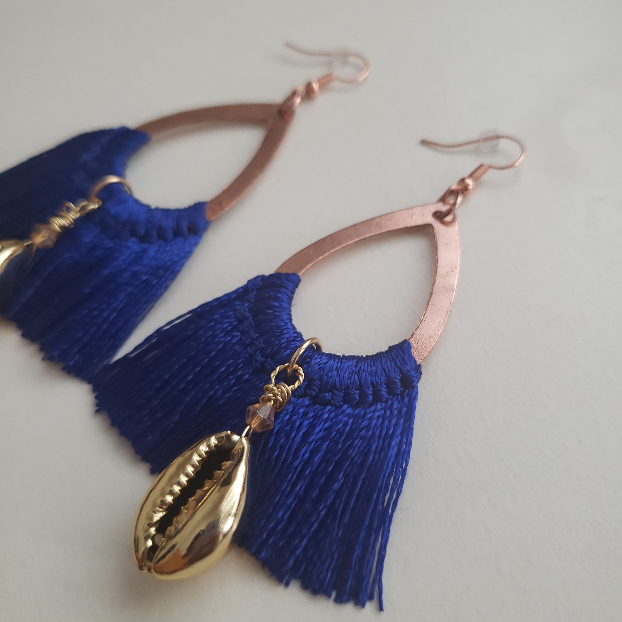 Golden Cowrie Shell Blue Tassel Earrings