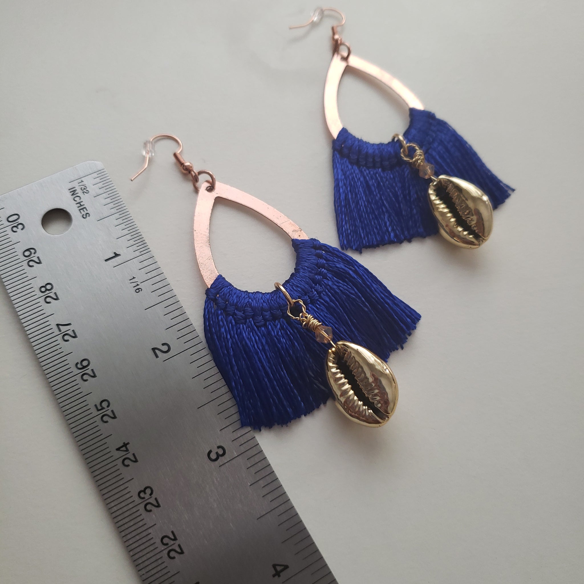 Golden Cowrie Shell Blue Tassel Earrings
