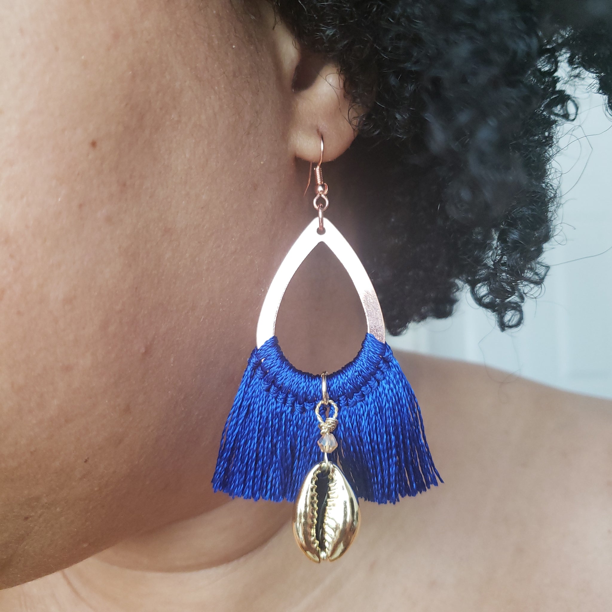 Golden Cowrie Shell Blue Tassel Earrings