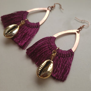 Golden Cowrie Shell Purple Tassel Earrings