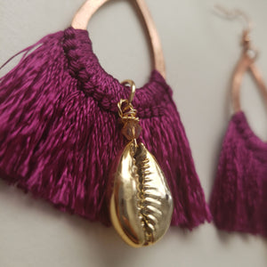 Golden Cowrie Shell Purple Tassel Earrings
