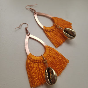 Golden Cowrie Shell Orange Tassel Earrings