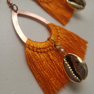 Golden Cowrie Shell Orange Tassel Earrings