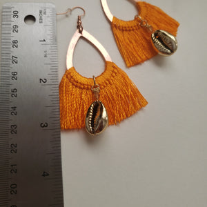 Golden Cowrie Shell Orange Tassel Earrings