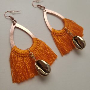 Golden Cowrie Shell Orange Tassel Earrings