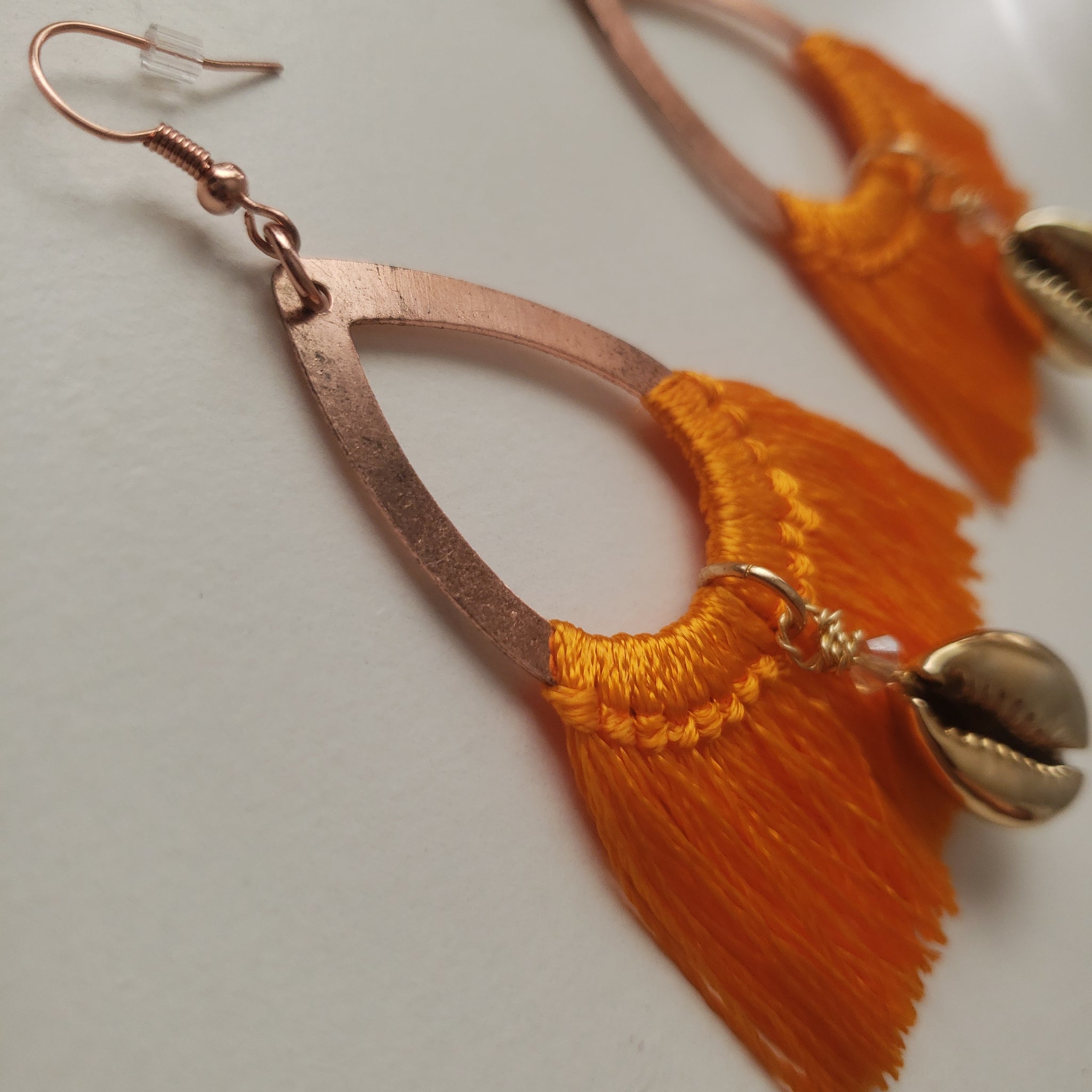 Golden Cowrie Shell Orange Tassel Earrings