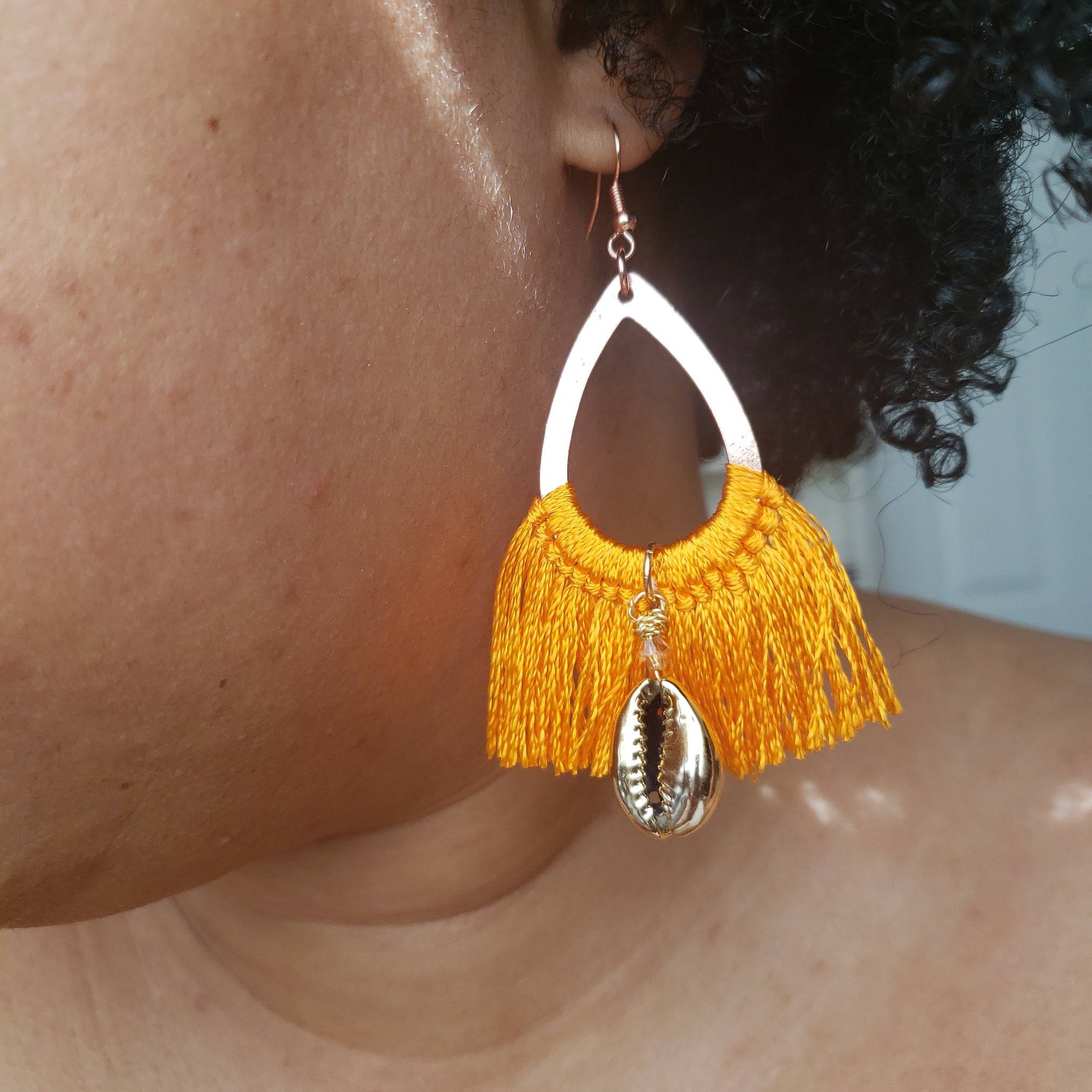 Golden Cowrie Shell Orange Tassel Earrings