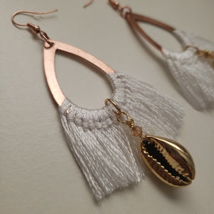 Golden Cowrie Shell White Tassel Earrings