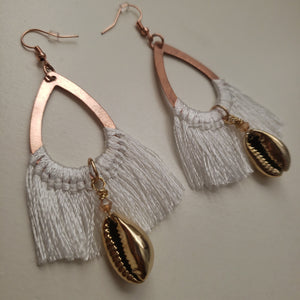 Golden Cowrie Shell White Tassel Earrings