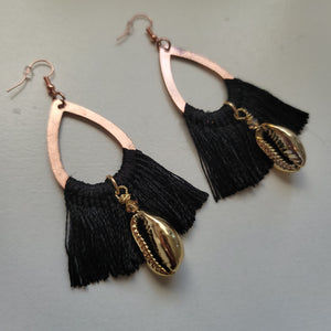 Golden Cowrie Shell Black Tassel Earrings