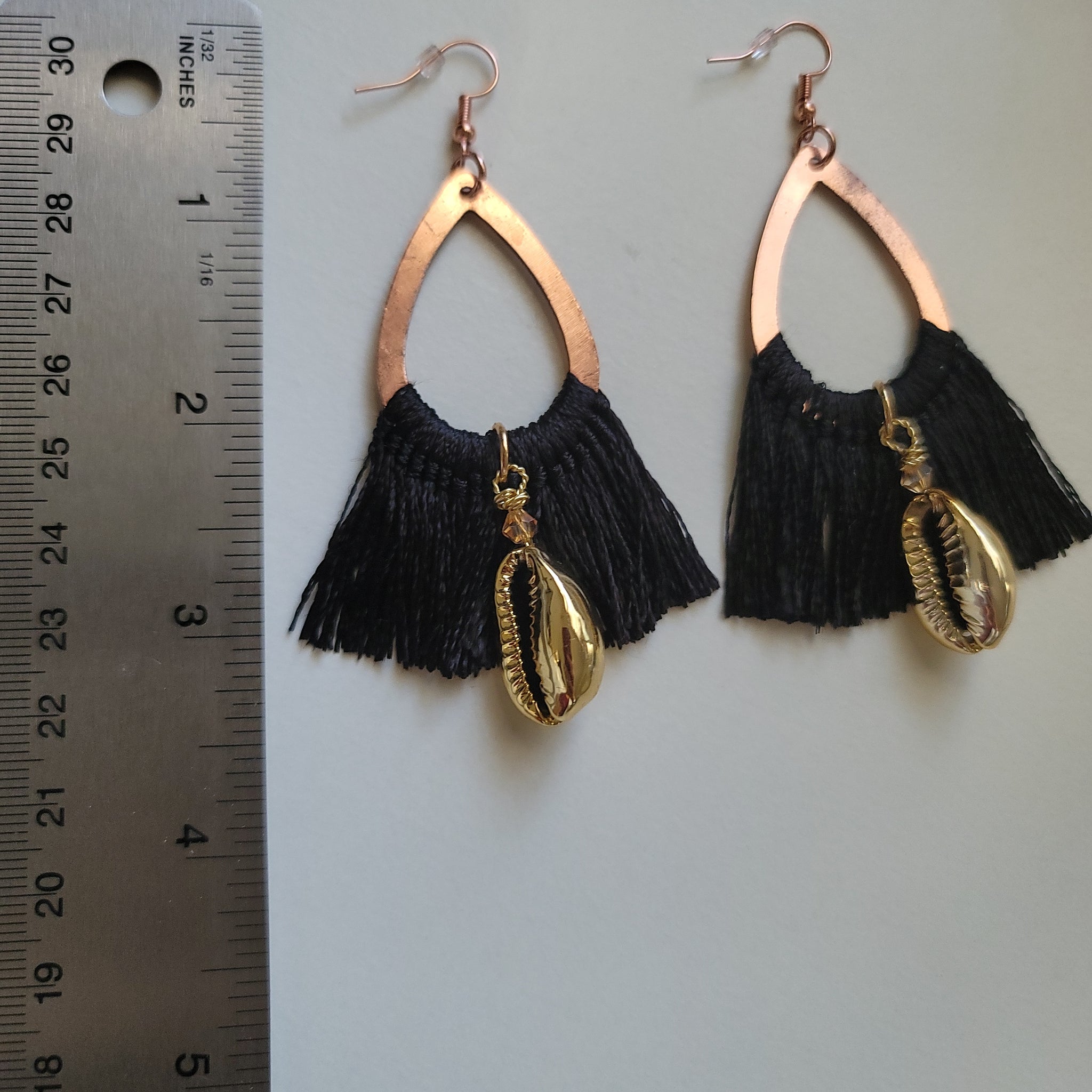 Golden Cowrie Shell Black Tassel Earrings