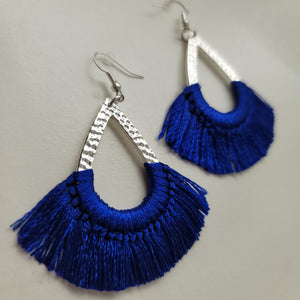 Blue Textured Silver Tassel Earrings