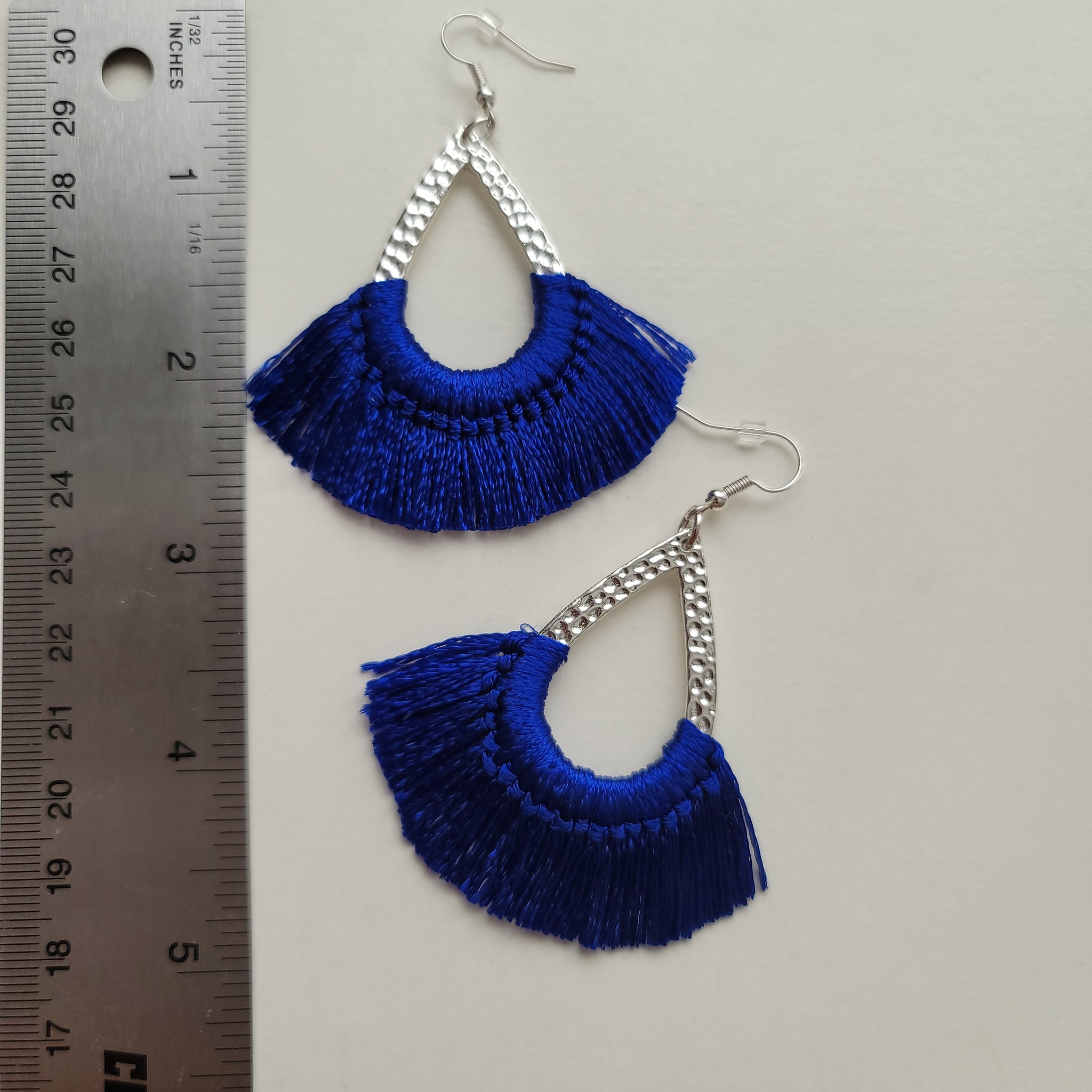 Blue Textured Silver Tassel Earrings