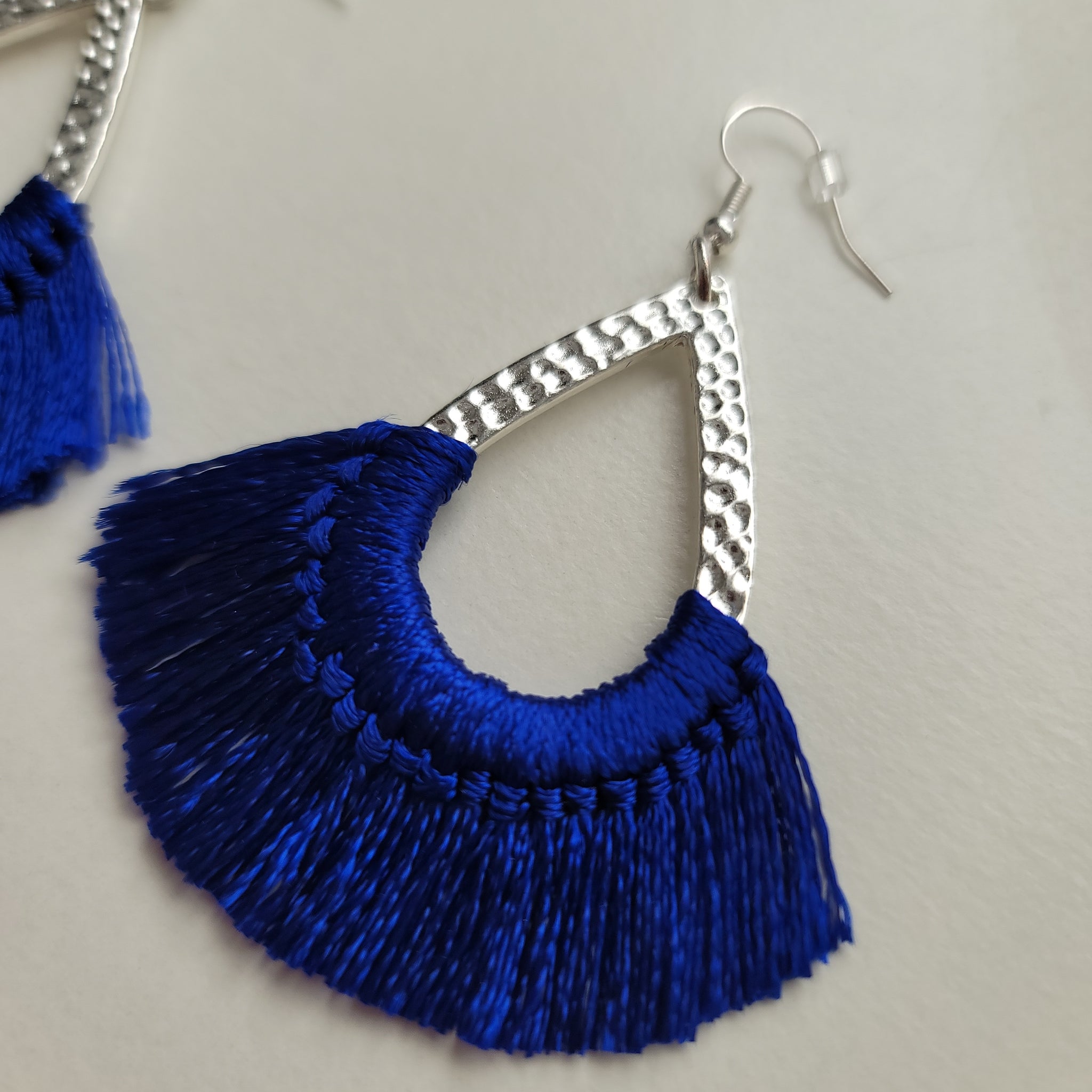 Blue Textured Silver Tassel Earrings