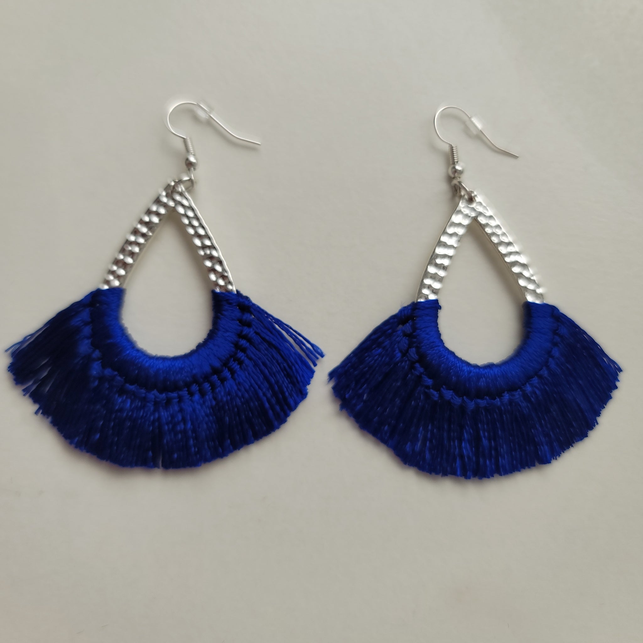 Blue Textured Silver Tassel Earrings