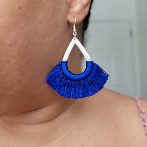 Blue Textured Silver Tassel Earrings