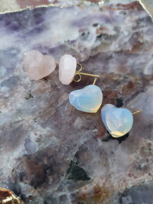 Heart Rose Quartz & Opalite Stud Set