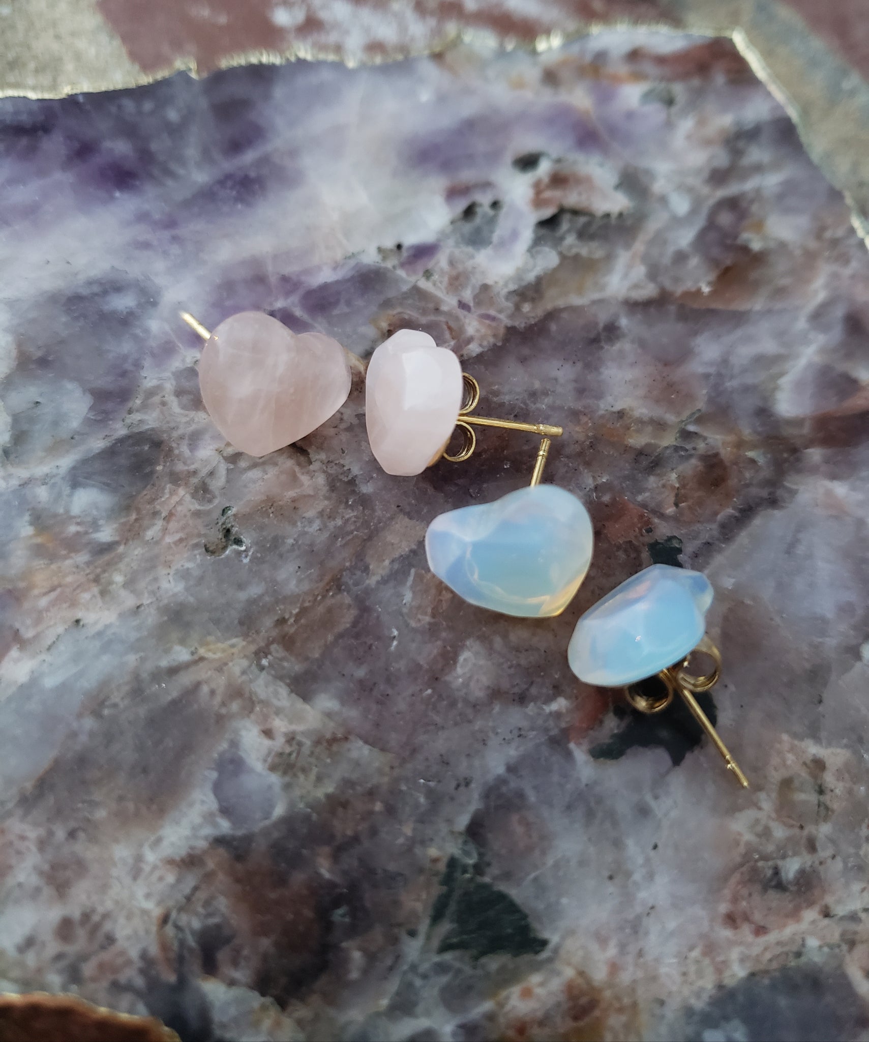 Heart Rose Quartz & Opalite Stud Set