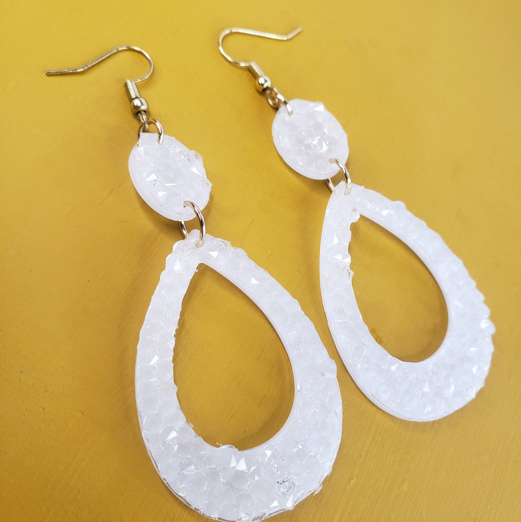 White Glass Geode Earrings
