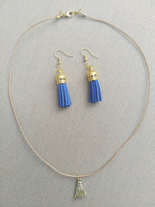 Earring Leather Tassel Set Cobalt Blue