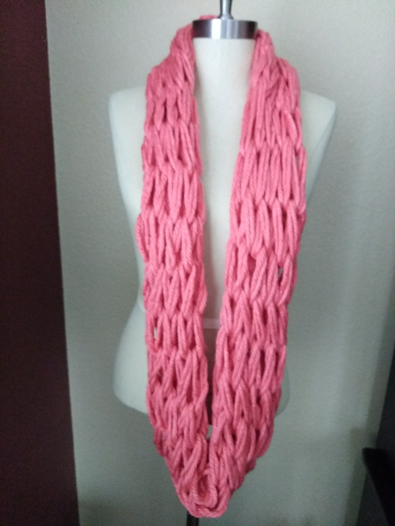 Long Double Knit Chunky Infinity Scarf  Coral